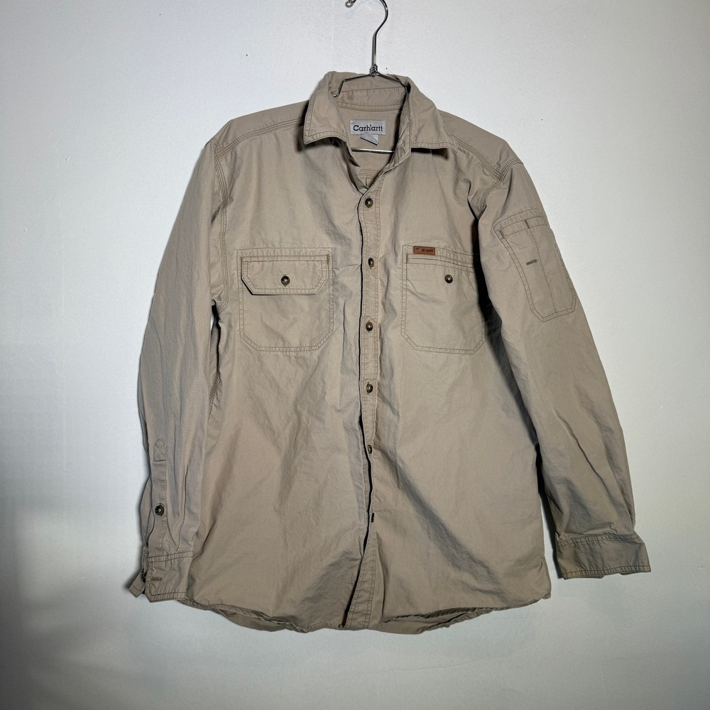 Carhartt Ripstop Button Down Shirt Mens‎ M Tan Excellent Long Sleeve Workwear
